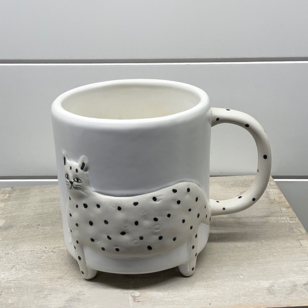 Urban Outfitters Home White 3D Spotted Cat Footed Ceramic Mug Polka Dot Handle